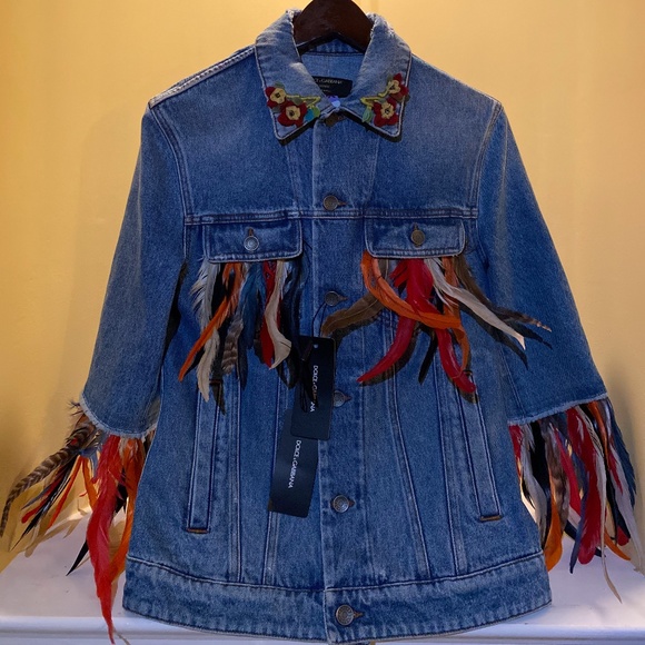 Dolce & Gabbana Blue Jeans Feather Floral Jacket